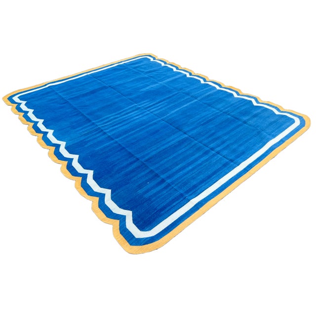Mid-Century Modern Handmade Cotton Area Rug Natural Vegetable Dyed Blue Scalloped Rug Yellow Border - 12'x15' For Sale - Image 3 of 11