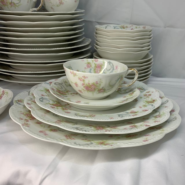 Haviland & Co. Antique French Haviland Limoges “Princess” Pink Flowers Blue Ribbons Dinnerware Set With Tea Cups - Service for 8 - 48 Pieces For Sale - Image 4 of 12