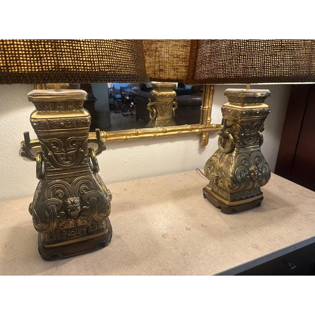Vintage Brass Urn Table Lamps With Elaborate Asian-Inspired Relief - Pair For Sale - Image 11 of 11