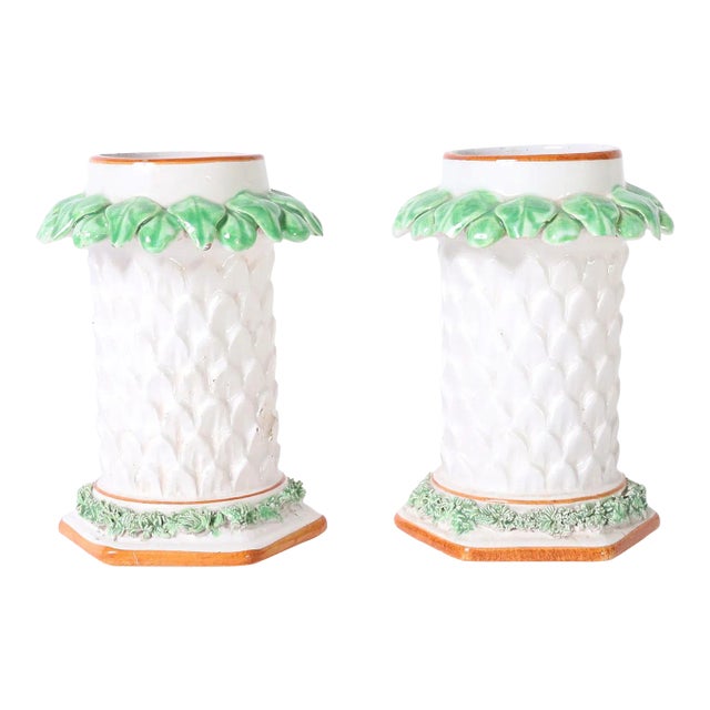 Pair of Italian Porcelain Palm Tree Candlesticks For Sale