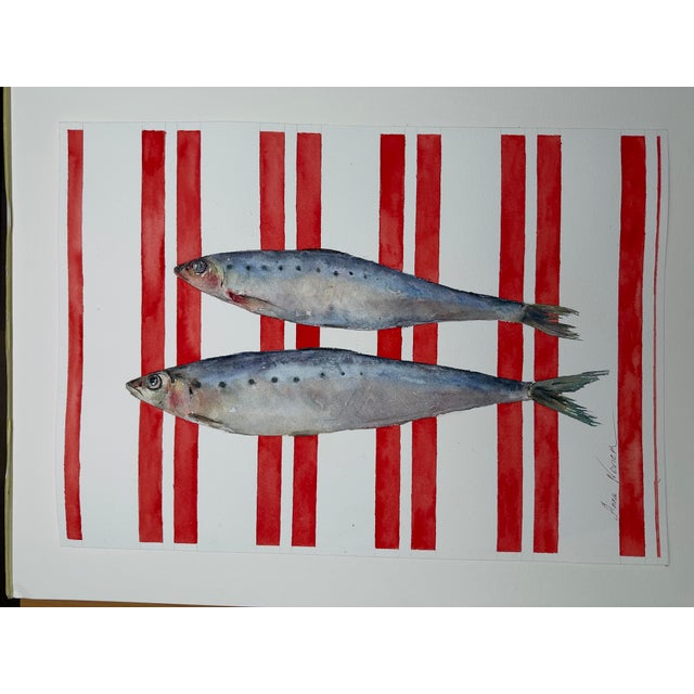 Art Nouveau “Sardinelles on Red” Original Impressionistic Watercolor Colored Pencils on Paper Fish Still Life by Anna Novick For Sale - Image 3 of 12