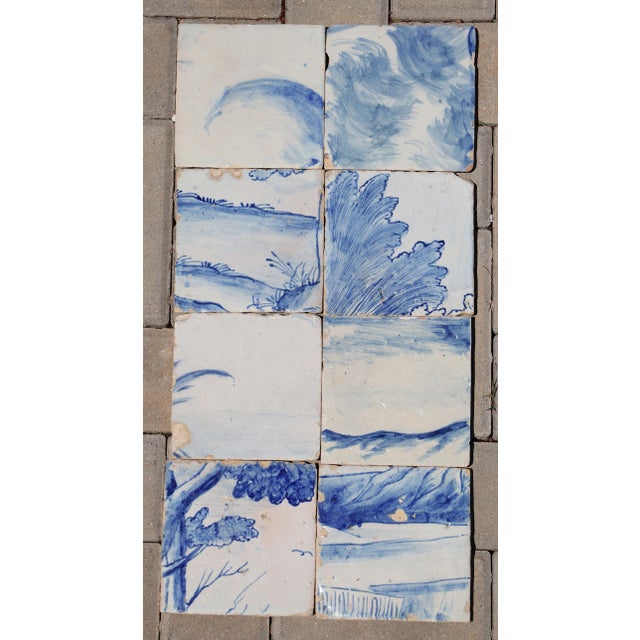 Antique 18th Century Portuguese Scenic Tiles with Rolling Hills & Botanical Details, Set of 8 Circa: 18th Century....
