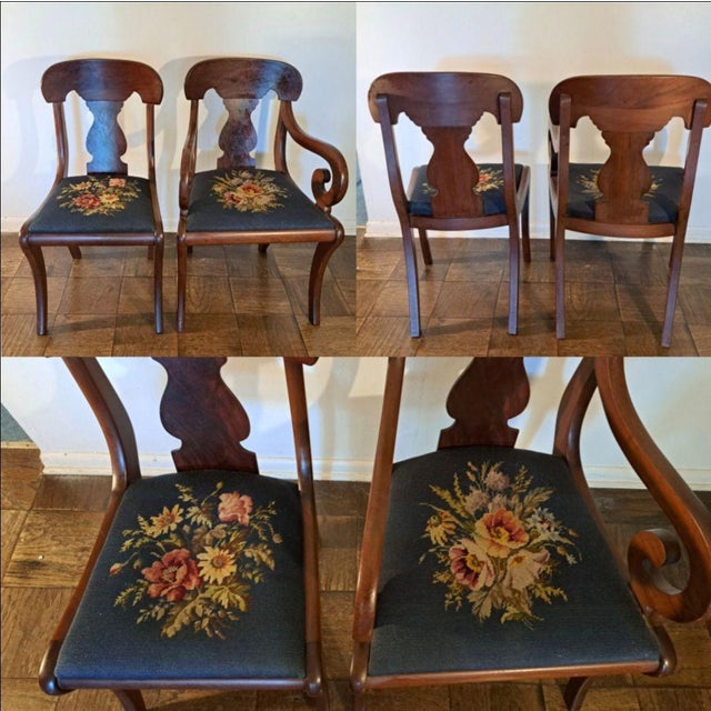 Early 20th Century Set of 6 Hickory Chair–Style American Empire Dining Chairs With Unique Floral Needlepoint For Sale - Image 5 of 12