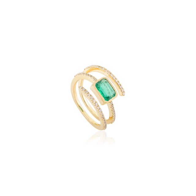 Not Yet Made - Made To Order 14k Yellow Gold Octagon Cut Emerald & Diamond Spring Ring Size 5.5 For Sale - Image 5 of 10