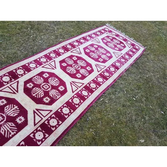 Burgundy Hand-Knotted Turkish Kurdish Runner . Tribal Long Runner - 3′5″ × 12′2″ For Sale - Image 8 of 11