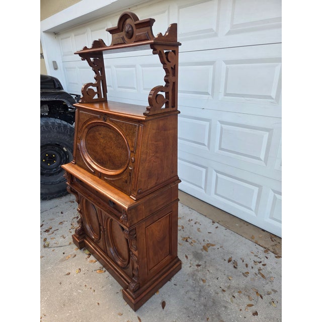 Late 19th Century Victorian Eastlake Burl Wood Fall Front Secretary Desk Bookcase For Sale - Image 4 of 18