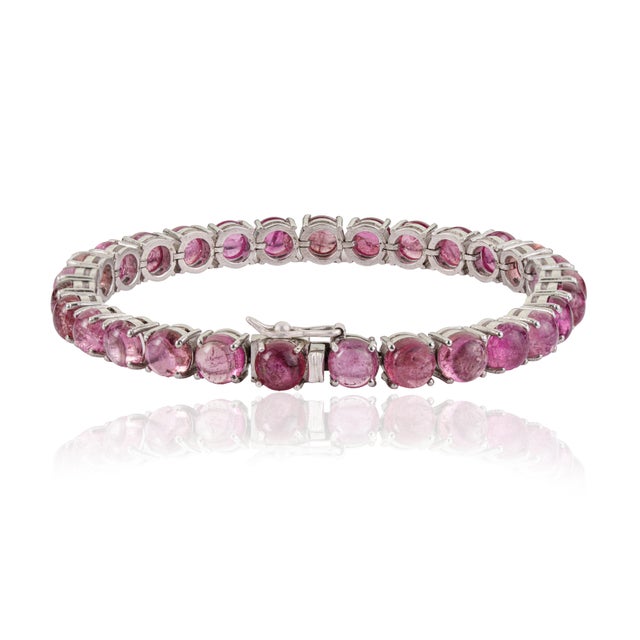 Art Deco Authentic 30.8 Carat Pink Tourmaline Rivière Tennis Bracelet in 925 Solid Silver For Sale - Image 3 of 13