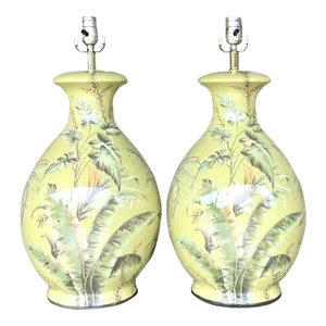 Vintage Coastal Banana Leaf Glazed Ceramic Lamps - a Pair