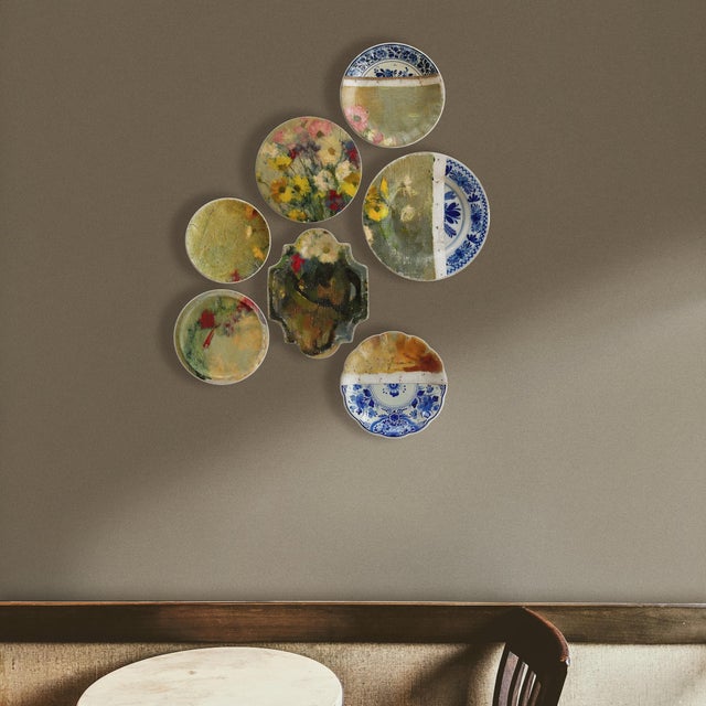 "Bouquet of Asters" Contemporary Installation of Ceramic Plates and Oil on Canvas - Set of 7 For Sale - Image 18 of 18