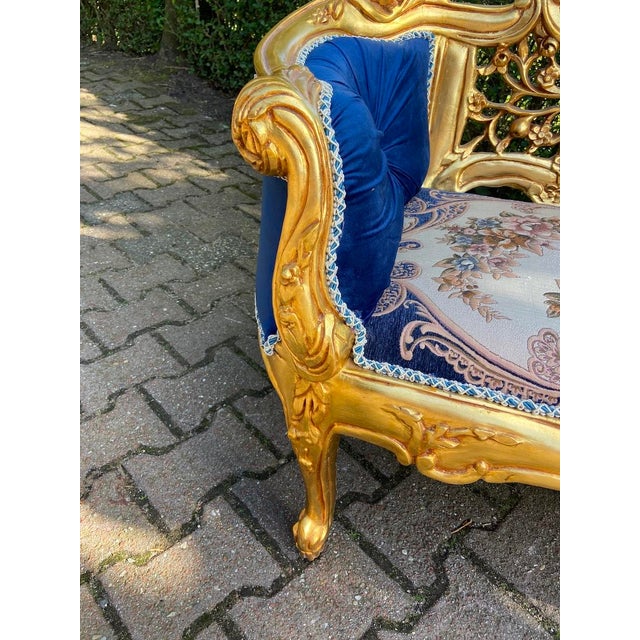 Late 20thC French Louis XVI Blue Velvet Antique Gold Beech Settee For Sale - Image 11 of 14