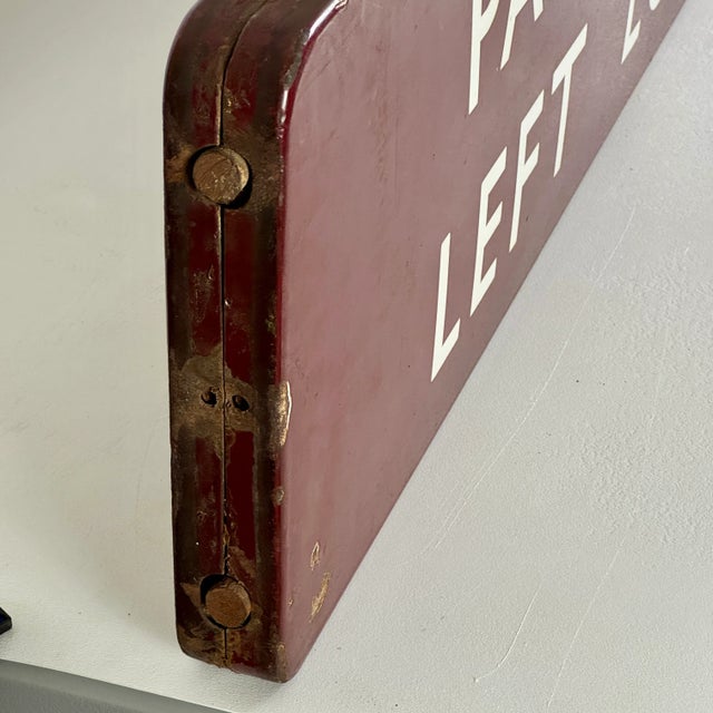 Rare Early 20th C Large Double Sided Train Station Porcelain Enamel Sign in Cherry Red Reads "Parcels and Left Luggage" For Sale - Image 17 of 18