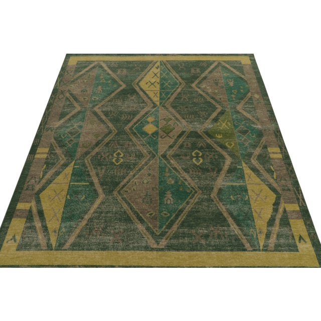 Traditional Rug & Kilim’s Distressed Style Rug in Green & Brown Geometric Patterns For Sale - Image 3 of 7