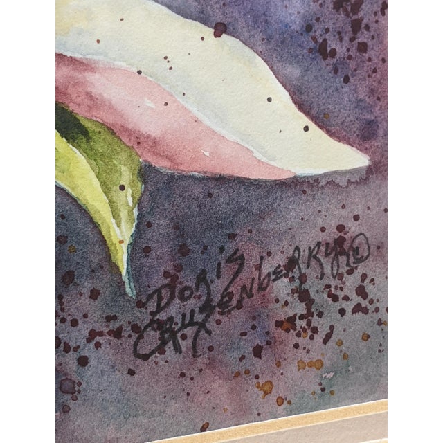 Vintage Original Budding Pink Lily Flower Still Life Watercolor Painting For Sale - Image 4 of 8