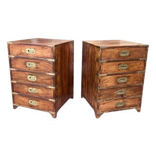 1980s Pair of Asian Campaign Style Five Drawer Chests Nightstands For Sale
