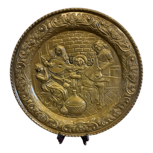 English Embossed Brass Decorative Wall Plate With Medieval Musicians Scene