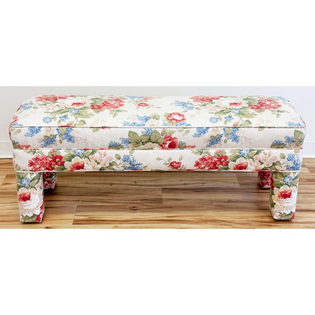 Textile Vintage Floral Pattern Upholstered Parsons Style Bench For Sale - Image 7 of 11