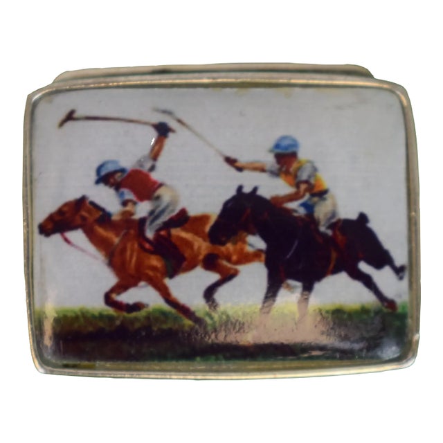 Sterling Silver Pill Box W/ Ceramic Polo Players Lid Plaque For Sale