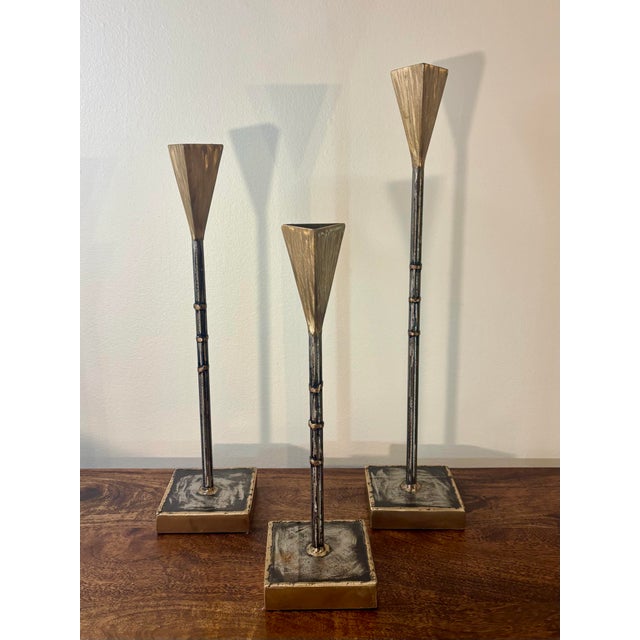 Vintage American Studio Sculptural Brutalist Steel and Bronze Candlesticks For Sale In Miami - Image 6 of 7