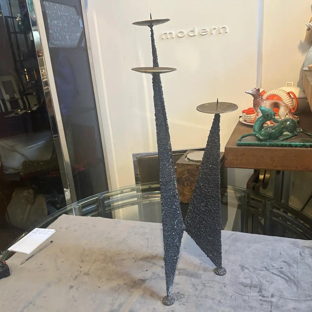 Black 1980s Brutalist Iron and Brass Italian Three Arms Candelabra For Sale - Image 8 of 11