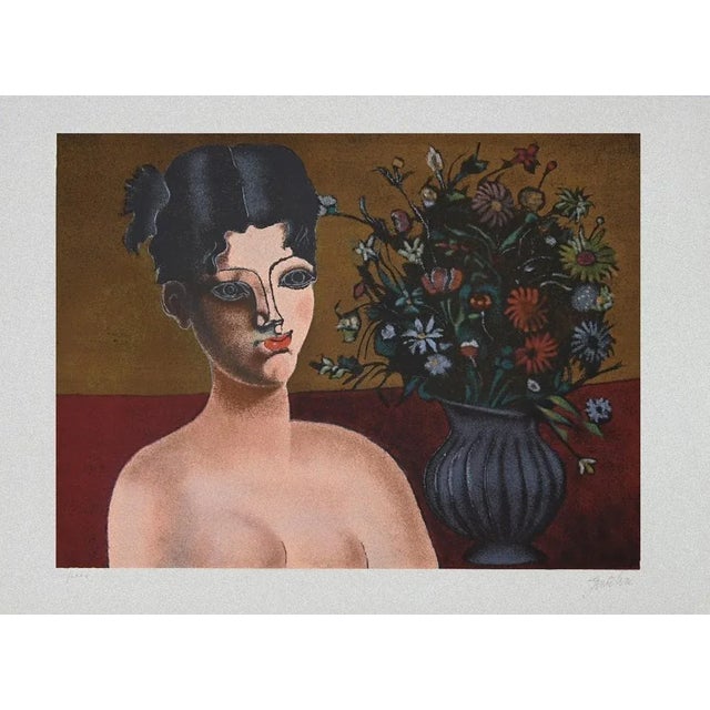 Girl with Flowers Vase is an original Contemporary Artwork realized by Franco Gentilini in the 1980s. Original Lithograph....