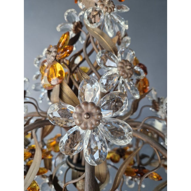 1950s Amber Crystal Glass Brass Flower Chandelier For Sale - Image 12 of 13
