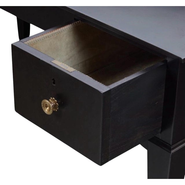 Vintage Maison Jansen Style Directoire Ebonized Writing Desk. Features gilt brass drawer pulls and suede lined drawers.