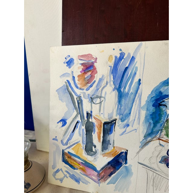 Contemporary Vintage Watercolor Still Life Painting of Bedside Table For Sale - Image 3 of 9
