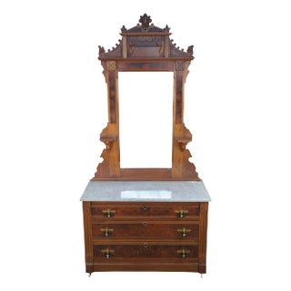 Antique Victorian Renaissance Revival Walnut Burl Marble Top Dresser & Mirror For Sale