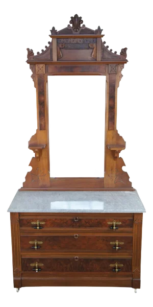 Antique Victorian Renaissance Revival Walnut Burl Marble Top Dresser & Mirror
