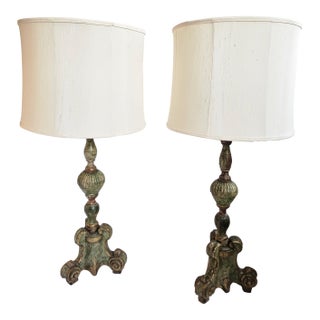 Large Antique Celadon Green & Gilded Candlestick Table Lamps -a Pair For Sale