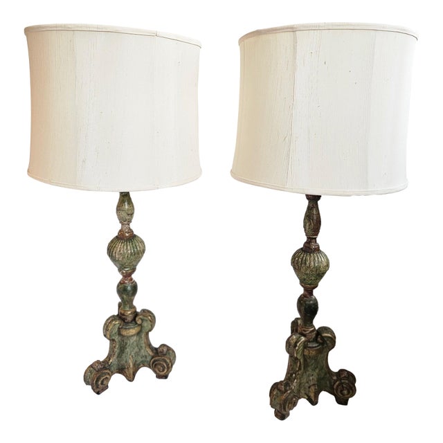 Large Antique Celadon Green & Gilded Candlestick Table Lamps -a Pair For Sale