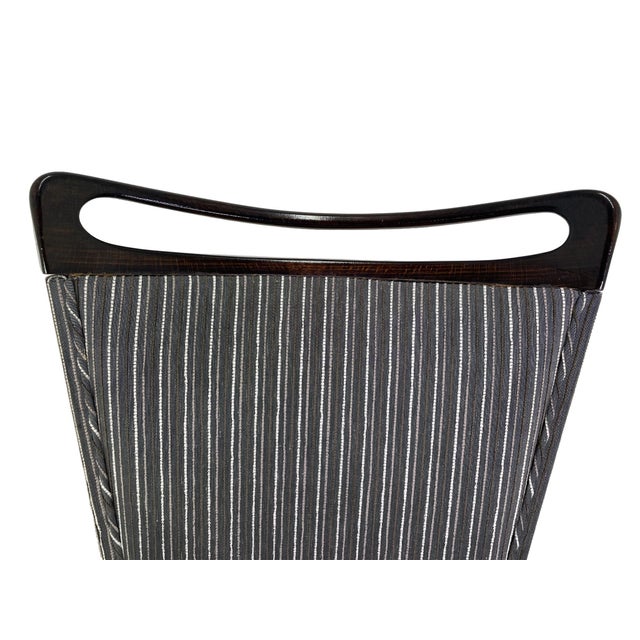Set of 6 French Mid-Century Ebonized Dining Chairs With Brass Sabots & Striped Upholstery For Sale - Image 10 of 13