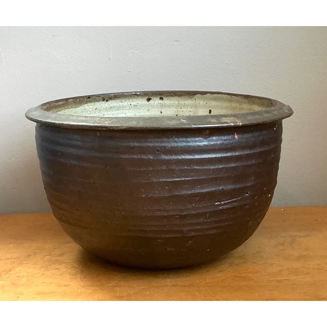 Vintage Monumental Rustic Brown Ceramic Bowl For Sale - Image 4 of 12