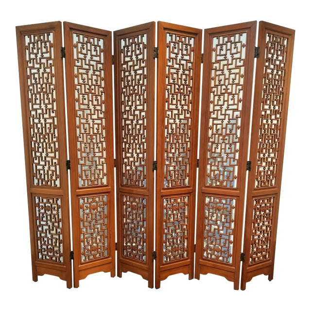 Mid Century Chinese 6 Panel Carved Rosewood Screen Room Divider For Sale