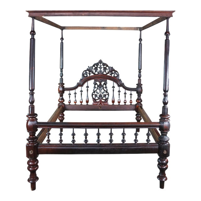 Antique Anglo Indian Colonial Raj Mahogany Carved Officers 4 Poster Tester Bed For Sale