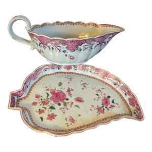 Antique 18th Century Chinese Famille Rose Porcelain Sauce or Gravy Boat & Tobacco Leaf Under Dish