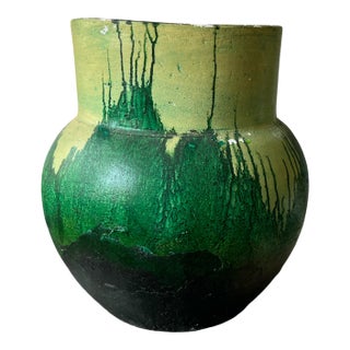 1970s Hand-Painted Green and Chartreuse Organic Moderns Earthenware Vase For Sale
