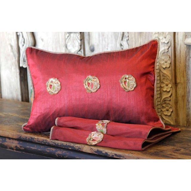 A perfect balance of luxury and comfort, the Peacock Sage pillow is silk based and features hand-done metallic thread-work...
