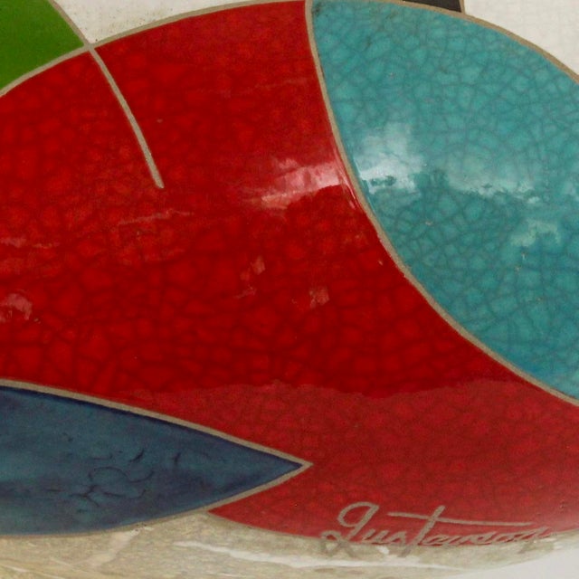 "Change of Mind" by Michael Gustavson, Raku Ceramic Vessel, Sandy Crackle Ground With Navy Teal and Red Glaze, Contemporary California Art For Sale - Image 4 of 7