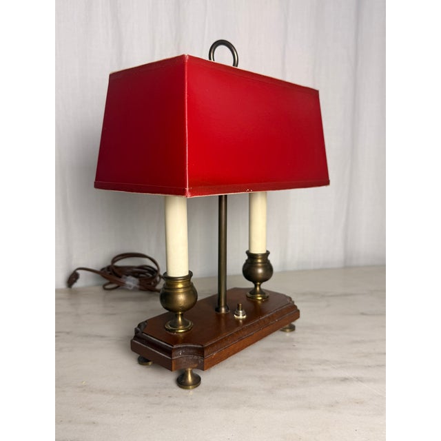Vintage 2-Light French Bouillotte Style Table Lamp With Red Shade, Antique Brass & Wood Desk Lamp For Sale - Image 4 of 17