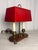 Vintage 2-Light French Bouillotte Style Table Lamp With Red Shade, Antique Brass & Wood Desk Lamp For Sale - Image 4 of 17