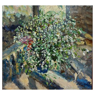 Georgij Moroz, Flowers on the Terrace, Oil on Cardboard, 1997 For Sale