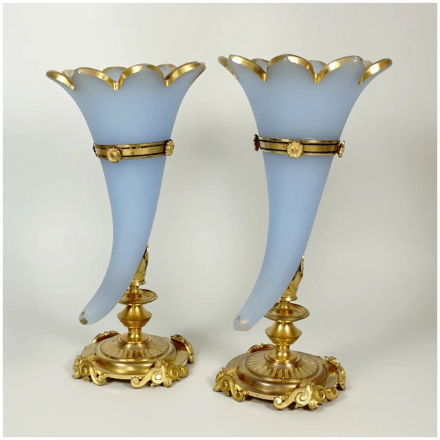 Pair of Antique French Opaline Glass Cornucopia Horn Vases Dore Bronze Mounts For Sale - Image 6 of 8