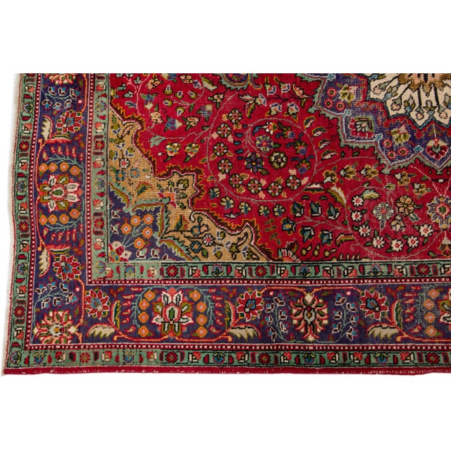 1960s Vintage Persian Tabriz Handmade Medallion Red Wool Rug For Sale - Image 4 of 7