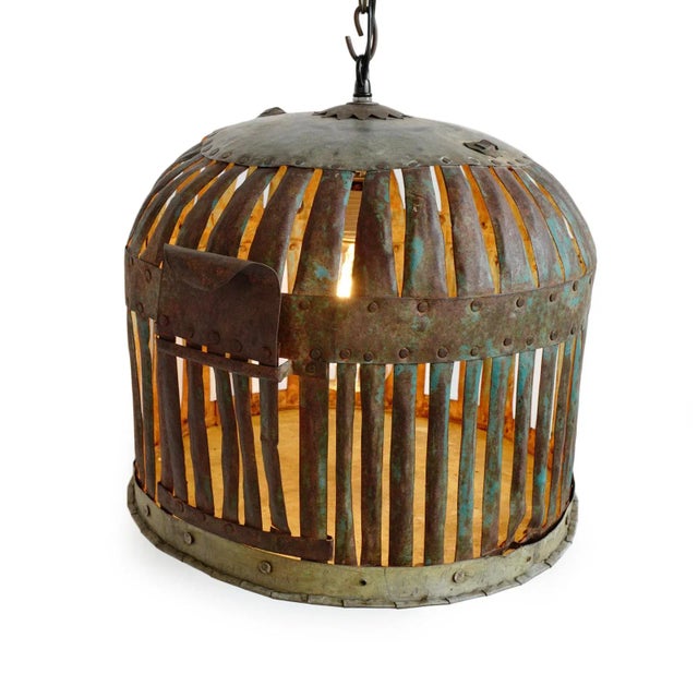 Original vintage iron basket cage, repurposed into unique industrial farm style lighting fixture. Beautiful aged and...