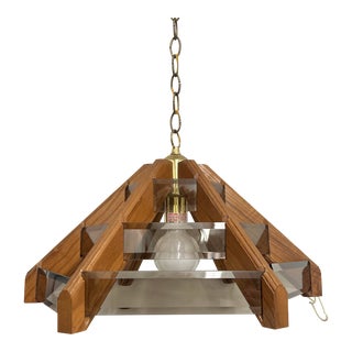 1970’s Smoked Glass and Wood Geometric Pendant Light For Sale