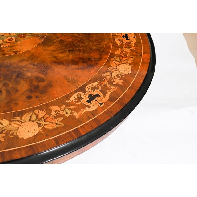 Wood Antique Victorian Burr Walnut Marquetry Loo Table and Chairs, 1800s, Set of 7 For Sale - Image 7 of 18