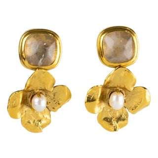 Robert Goossens Gilded Metal Floral Clip Earrings with Pearls and Rock Crystal For Sale
