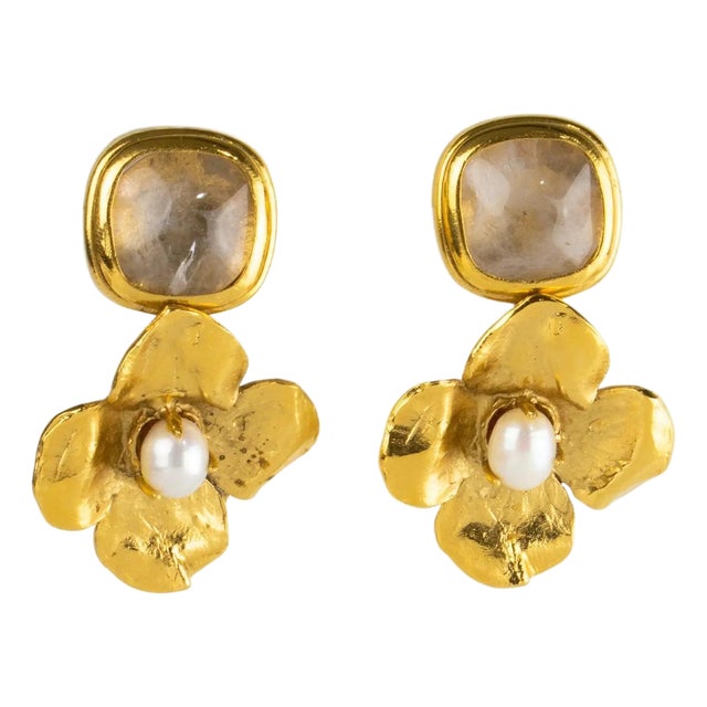 Robert Goossens Gilded Metal Floral Clip Earrings with Pearls and Rock Crystal For Sale