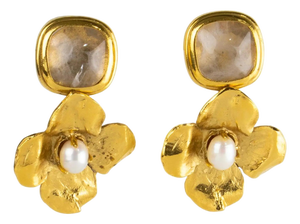 Robert Goossens Gilded Metal Floral Clip Earrings with Pearls and Rock Crystal